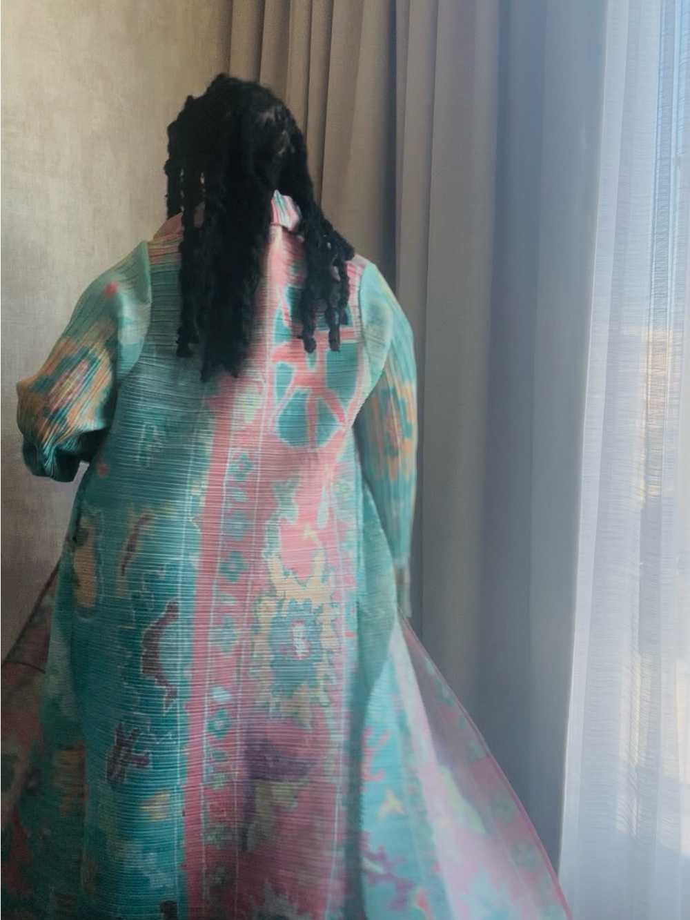 Long Pastel Duster Coat in Mint & Peach - Picture 9 of 11